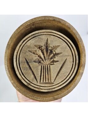 Vintage Wooden Butter Mold Press Floral Folk Art Carved Round Primitive Kitchen